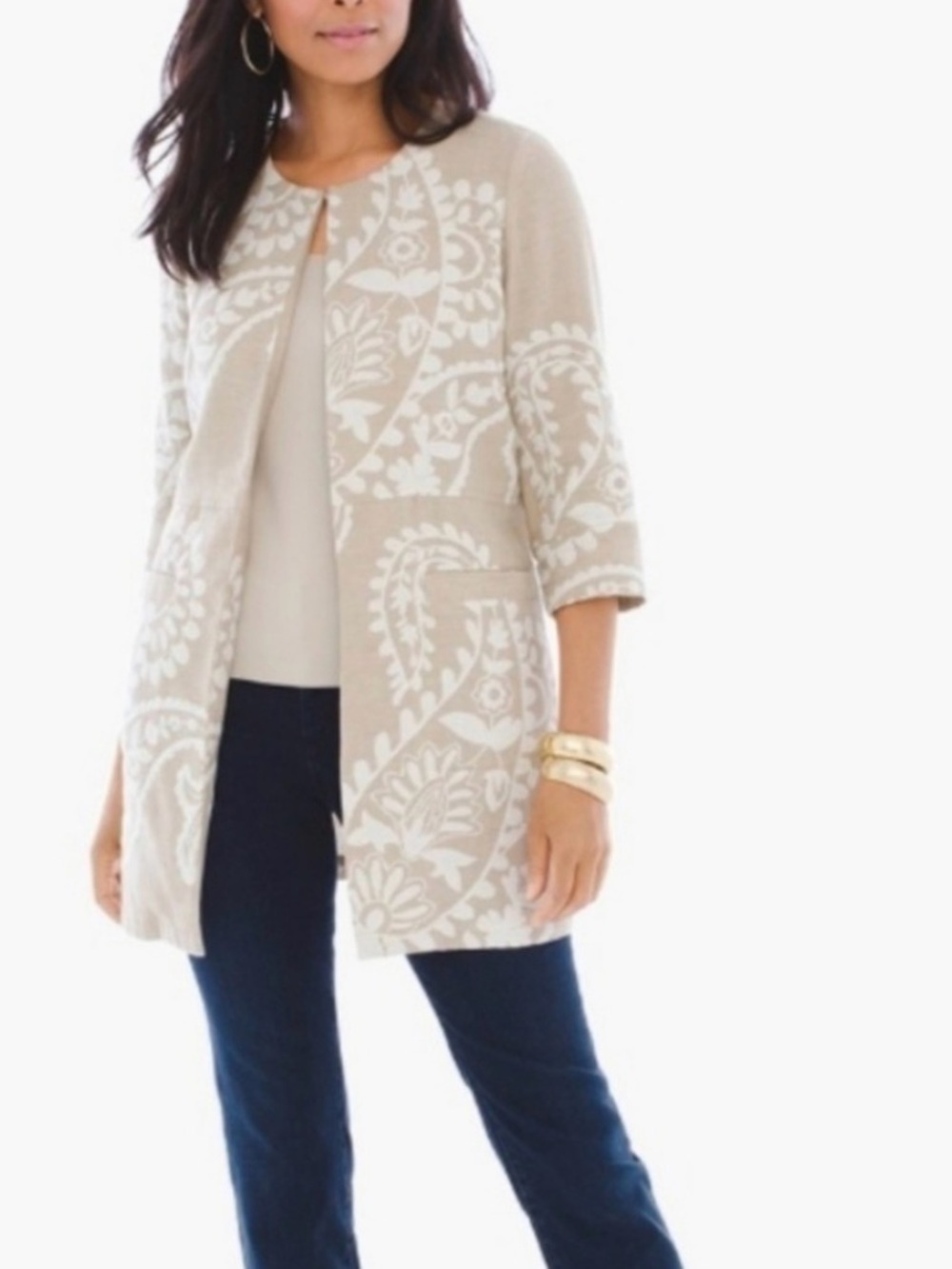 Chico’s Bicolor Jacquard Jacket, Beige Cotton Linen Blend Women's Size 1